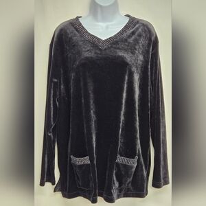 Russ XL 16/18 Black Velour Pullover Sweater Top Pockets Metallic Trim V Neck